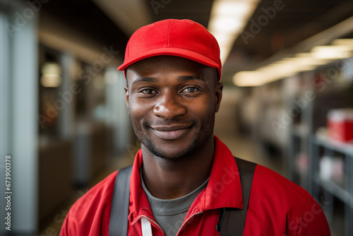 Generative AI picture of black man postman in uniform delivering parcel mail post to customer