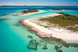 Bird's-eye view of Long Island's atlantic coast in the Bahamas, showcasing sandy beaches beside vibrant turquoise sea. Generative AI
