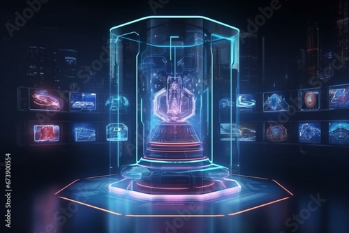 Futuristic display with hi-tech interfaces  hologram technology  teleport podium  and digital data protection. Generative AI