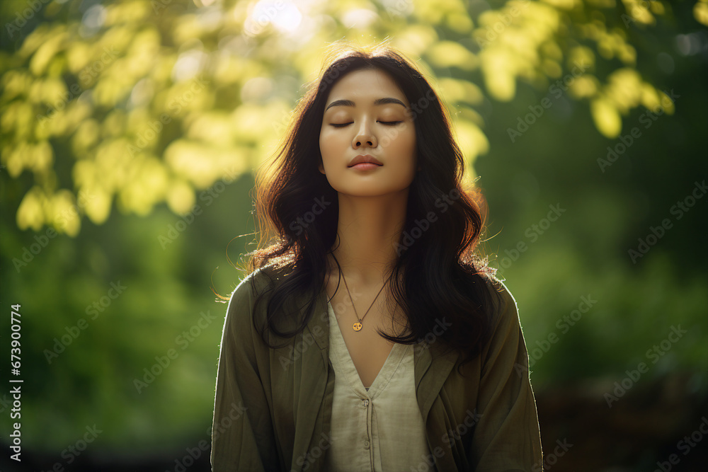 Mindfulness stress releasing concept young woman practicing meditation close with nature Generative AI portrait Mindfulness stress releasing concept young woman practicing meditation close with nature Generative AI portrait