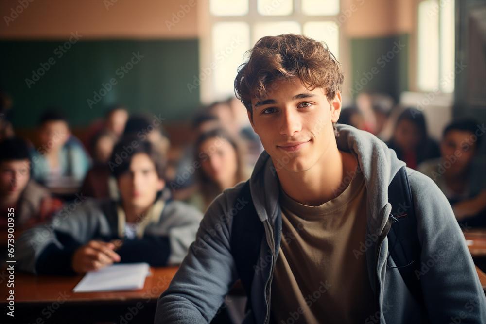 Generated by AI photo of happy male brown hair student standing in classroom isolated in educational environment background Generated by AI photo of happy male brown hair student standing in classroom isolated in educational environment background