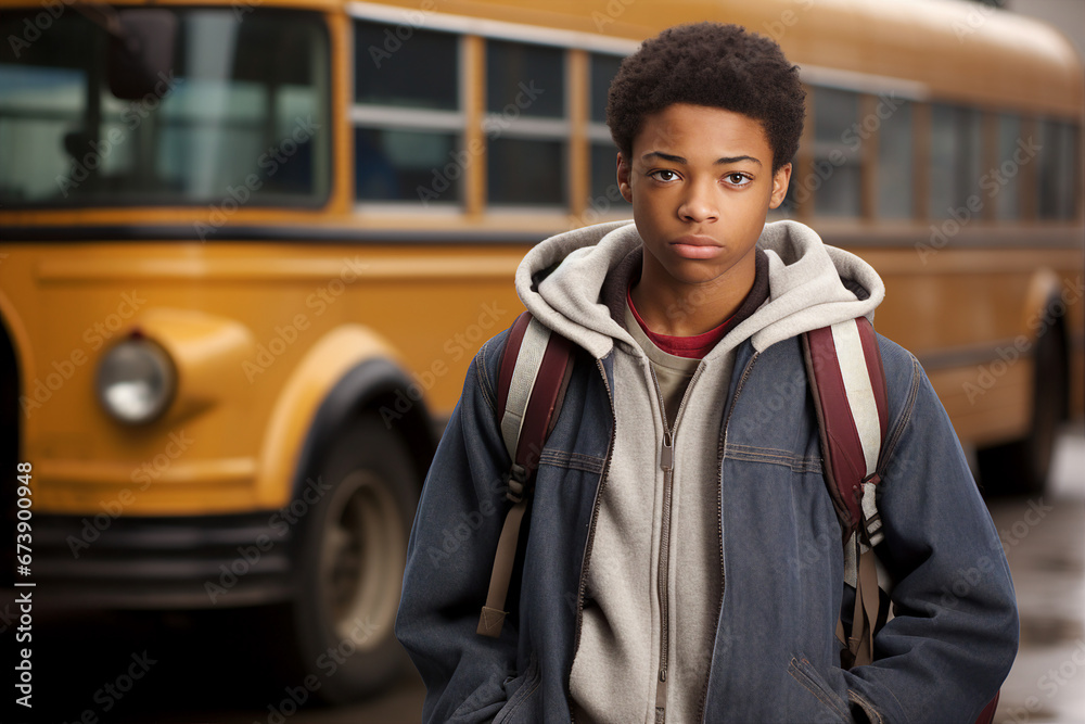 Portrait generative AI of african american teenage boy student after getting off of bus Portrait generative AI of african american teenage boy student after getting off of bus