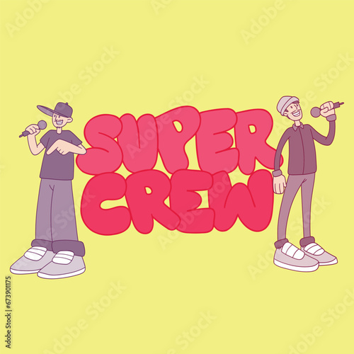 vector comic illustration of two rappers with Super Crew graffiti