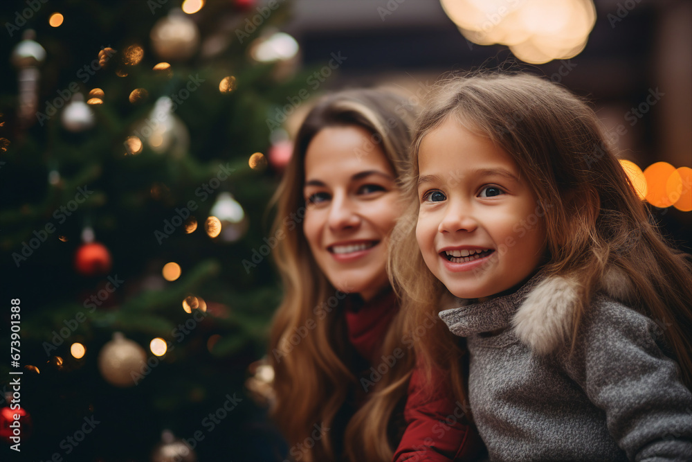 Generative AI image of beautiful child in new year atmosphere city looking on bright christmas garland Generative AI image of beautiful child in new year atmosphere city looking on bright christmas garland