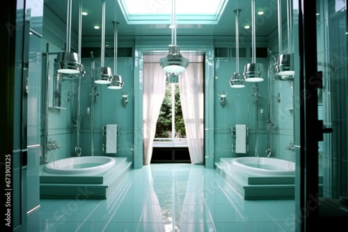 Fototapeta 3D bathroom with Italian shower, suspended double sink