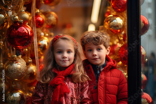 Generative AI image of beautiful child in new year atmosphere city looking on bright christmas garland