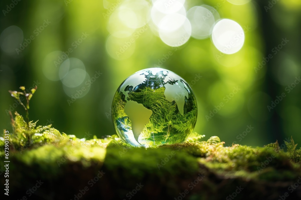 Green Globe In Forest Moss - obrazy, fototapety, plakaty 