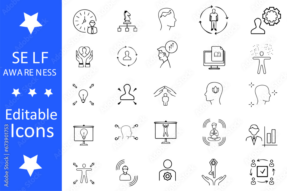 Fototapeta premium Self Awareness line editable icons set. Modern thin line style of self estimate related icons: self-care, self-love, self-acceptance, and personal growth. Vector illustration