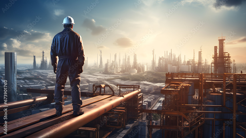 The engineer is facing with large industry background.. The construction manager on the industry background. The engineer is facing with large industry background.. The construction manager on the industry background.