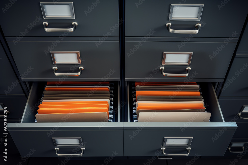 File cabinet with a wide open drawer full of files. Generative AI - obrazy, fototapety, plakaty 