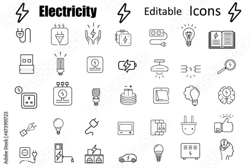 Electricity and Energy Line Editable Icons set. Vector illustration in modern thin line style of industrial icons: electric transport, electrical equipment, energy sources