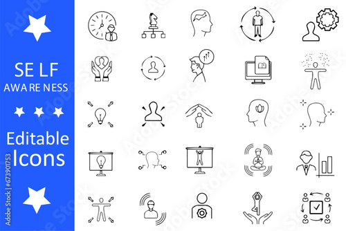Self Awareness line editable icons set. Modern thin line style of self estimate related icons: self-care, self-love, self-acceptance, and personal growth. Vector illustration