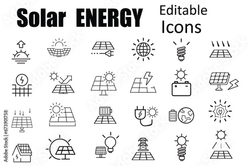 Solar Energy Line Editable Icons set. Modern thin outline style of sun power photovoltaic (PV) home system and renewable electric energy technology signs: house, cell, battery