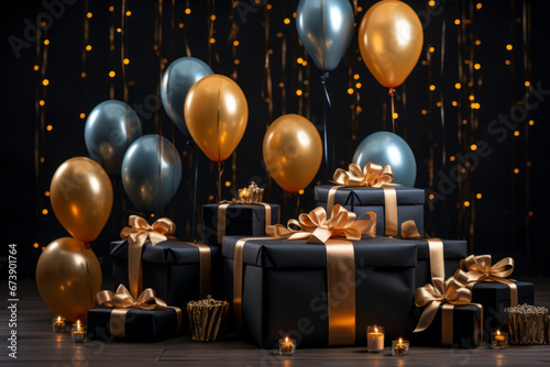 Black and golden balloons on black background with black gift boxes. Generative AI