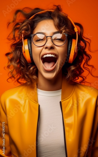 An amused and joyful Girl listens to music with headphones