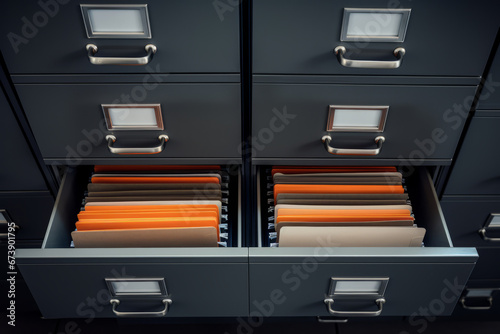 File cabinet with a wide open drawer full of files. Generative AI