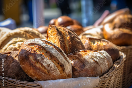 Fresh bread at a farmers market. Loaves of bread displayed in basket. Generative AI