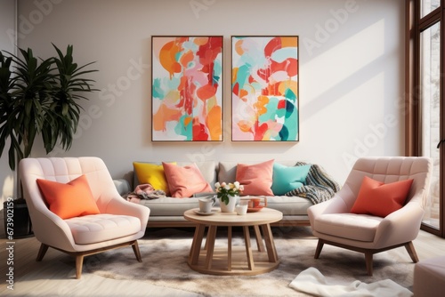 Pastel Tones in Artistic Living Space. A serene living room adorned with pastel-toned abstract paintings and complementary soft furnishings. © AI Visual Vault