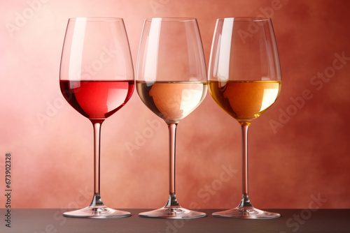 Three wine glasses containing white rose and red wine on pastel background. Generative AI