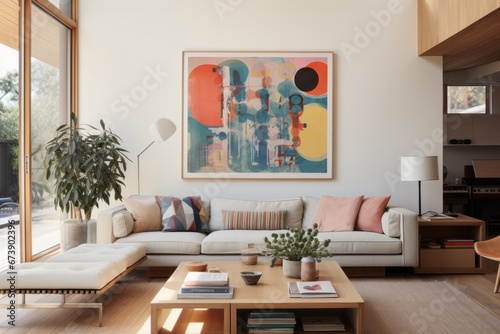 Contemporary Living Room with Abstract Wall Art. Modern living room with abstract art creating a serene and stylish ambiance.