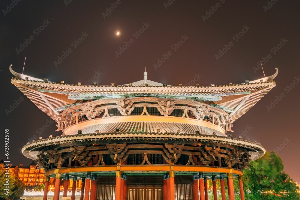 Night view of Minglun Hall of Confucian Temple in Liuzhou, Guangxi, China, Asia