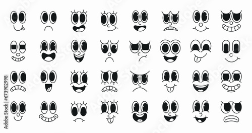 Set of 70s groovy comic faces vector. Collection of cartoon character faces, in different emotions, happy, angry, sad, cheerful. Cute retro groovy hippie illustration for decorative, sticker