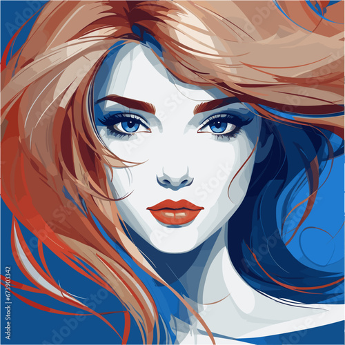 Red-haired dream girl, looking straight. Beautiful woman with blue eyes. Vector illustration.