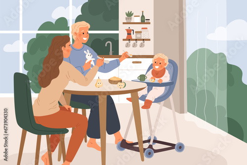 Cute parents with child at table. Mother and father feeding baby in kitchen. Happy young family having breakfast with toddler. Happy dad and mother. Porridge eating. Garish vector concept
