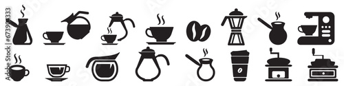 Set of black coffee icons vector illustrations.  All white areas are cut off from the icons and black areas are merged.