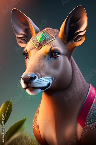 AI generated illustration of a cheerful cartoon deer with a vibrant rainbow-colored face photo