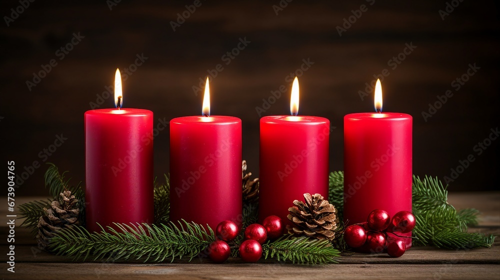 Advent Wreath with Burning Red Candles, Symbolic Holiday Decoration for Christmas Tradition and Spiritual Ceremonies Advent Wreath with Burning Red Candles, Symbolic Holiday Decoration for Christmas Tradition and Spiritual Ceremonies