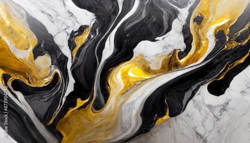 Liquid white, black and gold marbles blending slowly, mixing together gently background