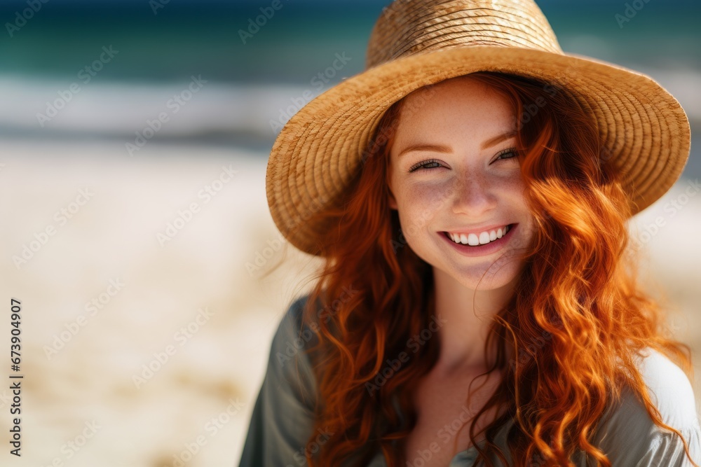 Close up portrait of a smiling ginger woman wearing straw hat on the beach