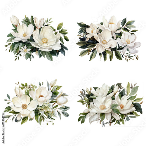 Collection of watercolor white magnolia flower with leaf bouquet. Botanical watercolor style. For wedding Invitation, greeting card, save the date. Isolated on transparent background. Generative AI