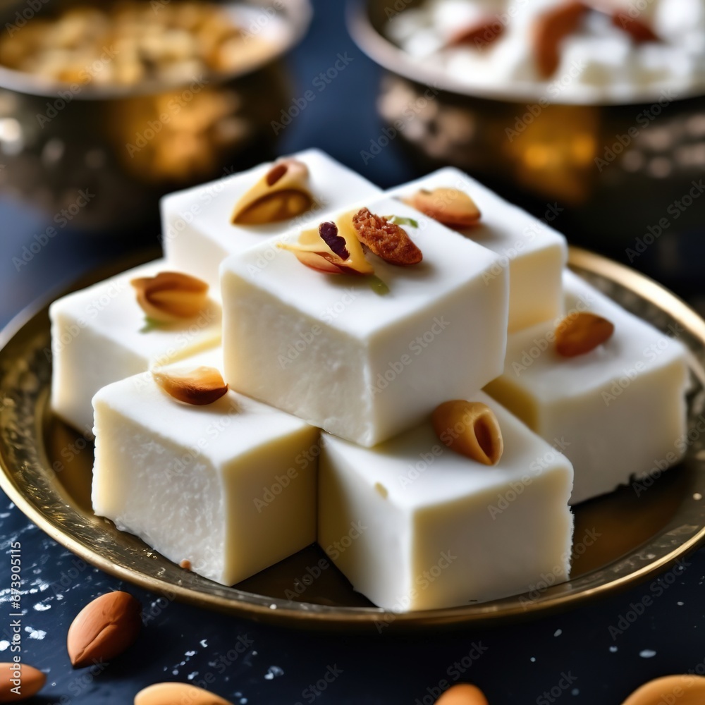 Sandesh Indian dessert on a beautiful plate. illustration in realistic style.