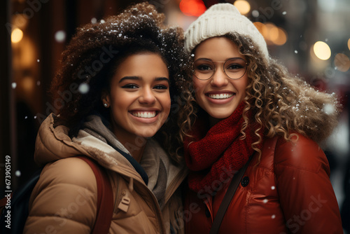 African American women smiling in warm clothing on the street while it snows. ia generative