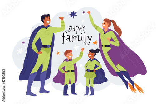 Superheroes family. Happy strong parents with children posing together in heroic costumes. Cartoon smiling people. Powerful mother and father. Super hero kids. Garish vector concept