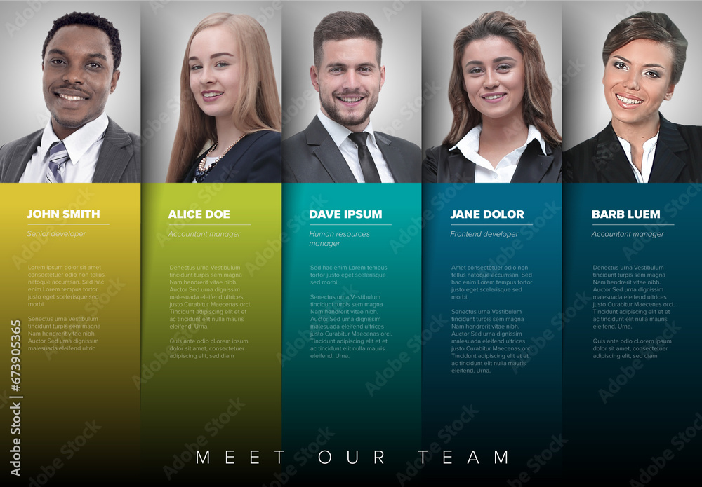 Company team presentation template with team member profiles in color columns