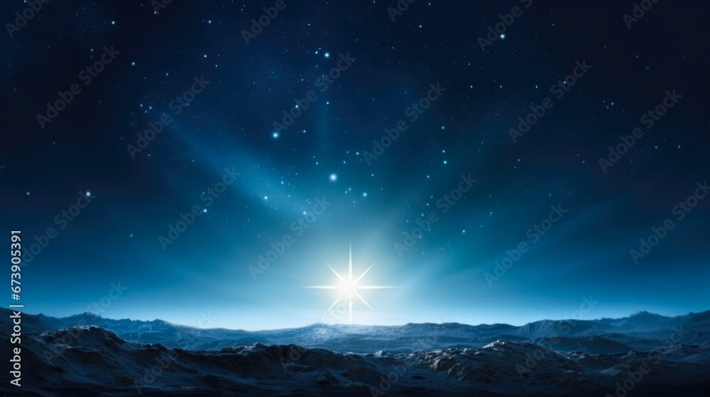Jesus Star: Nativity of Christ in Bethlehem. Bright Star on a Dark Blue Background of the Night Sky