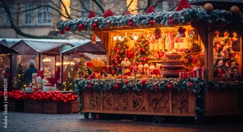 European Christmas Adventure: Colorful Christmas Market Stalls and Beautiful Decorations in a Festive City.