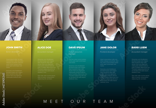 Obraz na płótnie Company team presentation template with team member profiles in color columns w salonie