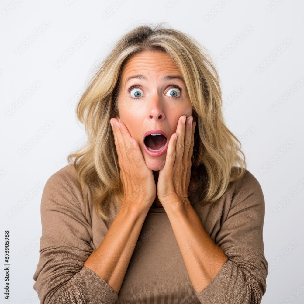 Woman with wow face holding hands near cheeks. Sale or discount advertising poster with surprised female. White background Woman with wow face holding hands near cheeks. Sale or discount advertising poster with surprised female. White background