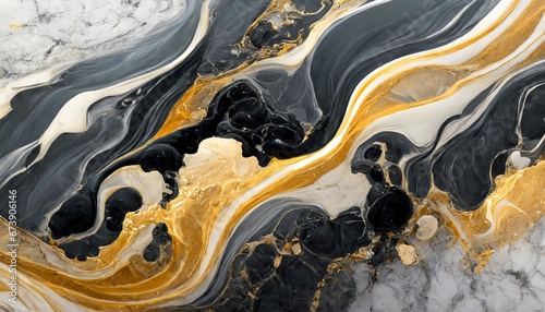 Liquid white, black and gold marbles blending slowly, mixing together gently background