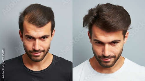 Frontal view of a man's hair transplant journey: Before and after. photo