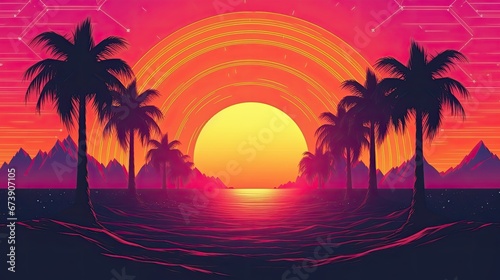 90's retro sunset landscape background © Ai Expert