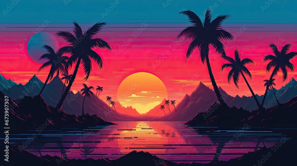 90's retro sunset landscape background