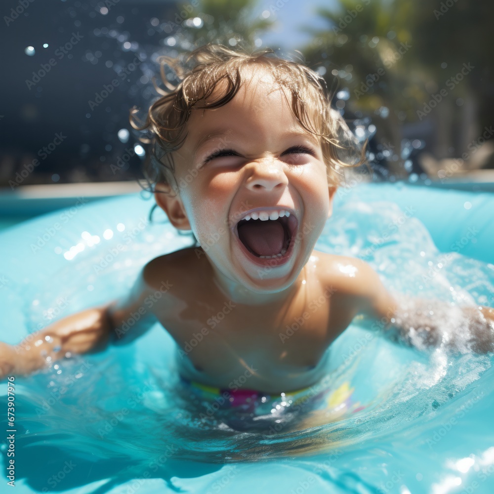 Happy child boy having fun swimming in the pool in a sunny day. Happy child boy having fun swimming in the pool in a sunny day.