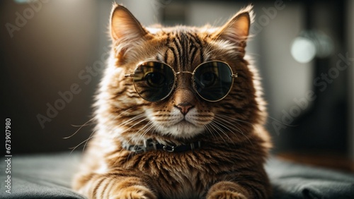 Close up high resolution image of a cool cat wearing sunglasses in a photo stduio. Generative AI. photo