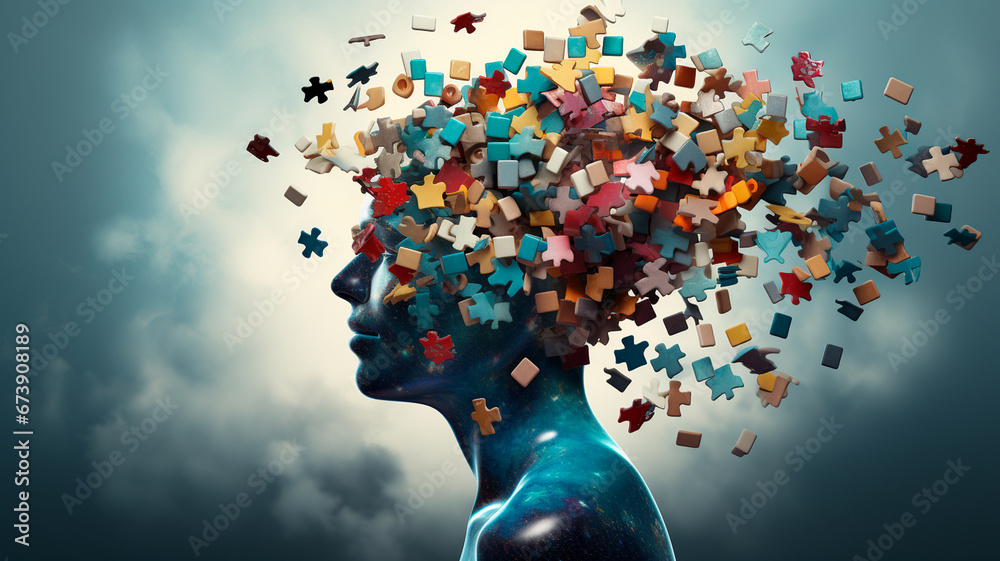 human brain with jigsaw puzzle pieces - obrazy, fototapety, plakaty 