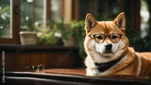 Close up high resolution image of an adorable shiba inu puppy wearing eyeglasses. Generative AI.